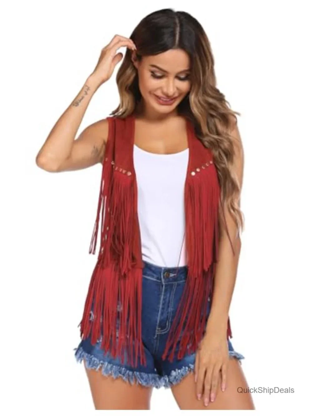 Womens Fringe Vest Sleeveless Faux Suede Tassel Cowgirl Western Outfit